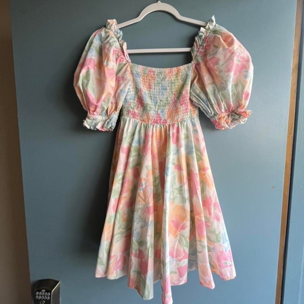 Selkie Maria Mini Dress Coquette Pastel Floral Smocked Bodice Puff Sleeve Size S